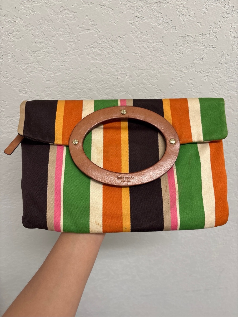 Kate Spade Striped Multicolor Canvas
Handbag with Wood Handle - Picture 4 of 10